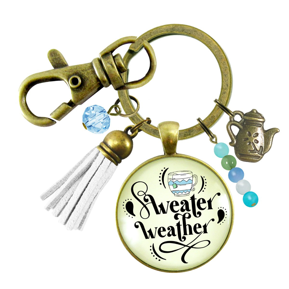 Sweater Weather Fall Fashion Keychain Light Blue Mug Autumn Season Theme Quote Pendant For Women  Keychain - Women - Gutsy Goodness Handmade Jewelry
