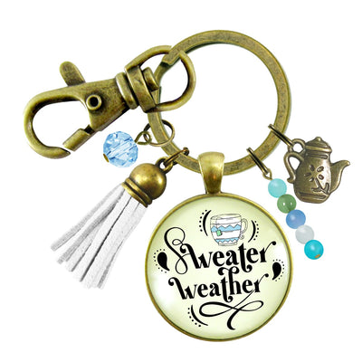 Sweater Weather Fall Fashion Keychain Light Blue Mug Autumn Season Theme Quote Pendant For Women  Keychain - Women - Gutsy Goodness Handmade Jewelry