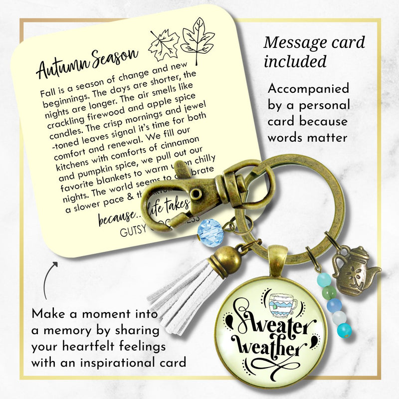 Sweater Weather Fall Fashion Keychain Light Blue Mug Autumn Season Theme Quote Pendant For Women  Keychain - Women - Gutsy Goodness Handmade Jewelry