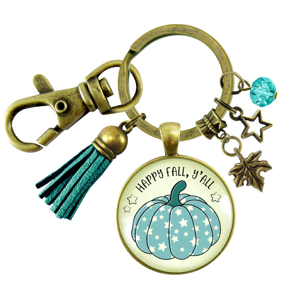 Happy Fall Y'All Keychain Teal Pumpkin Stars Autumn Fashion Costume Jewelry Message Card  Keychain - Women - Gutsy Goodness Handmade Jewelry