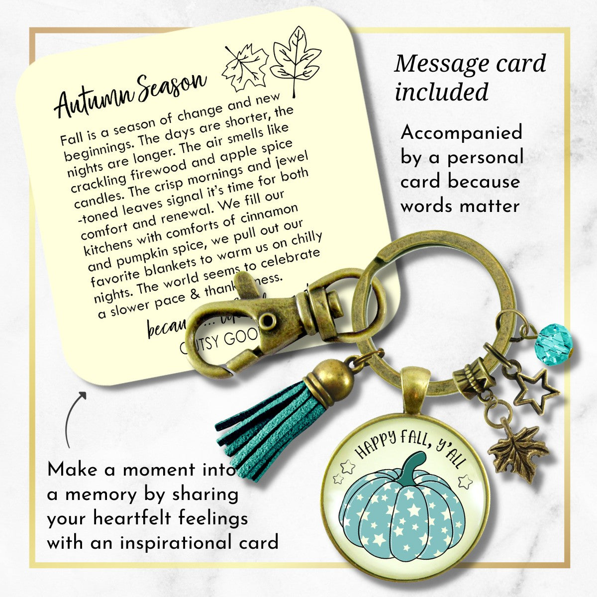 Happy Fall Y'All Keychain Teal Pumpkin Stars Autumn Fashion Costume Jewelry Message Card  Keychain - Women - Gutsy Goodness Handmade Jewelry