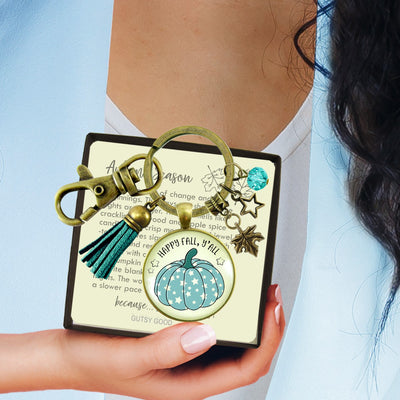 Happy Fall Y'All Keychain Teal Pumpkin Stars Autumn Fashion Costume Jewelry Message Card  Keychain - Women - Gutsy Goodness Handmade Jewelry