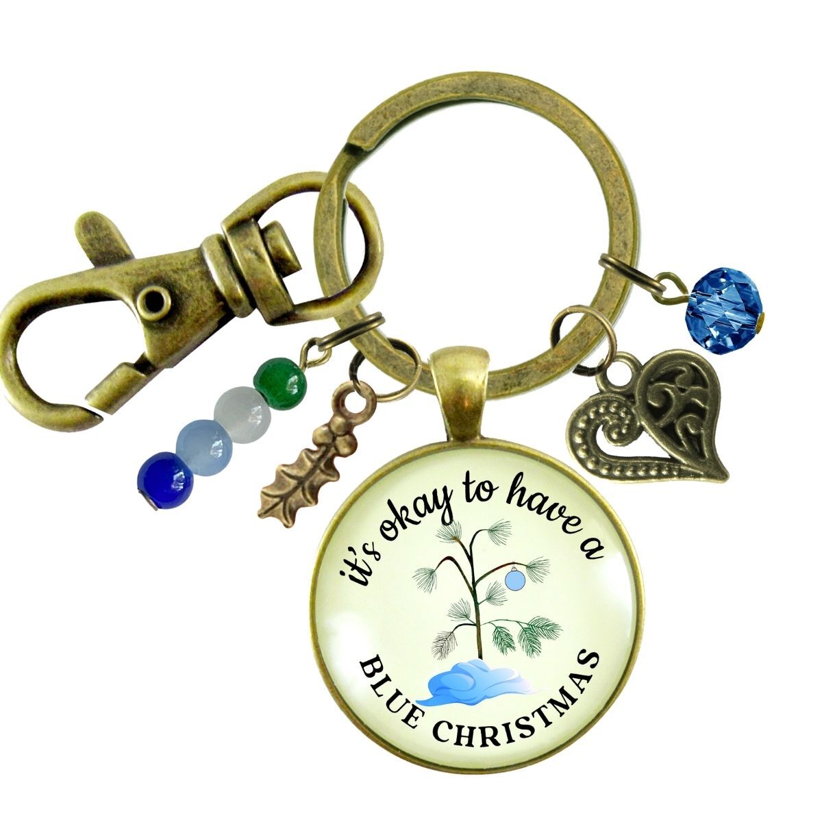 Blue Christmas Tree Keychain Handmade It's Okay Encouragement Gift Sympathy Emotional Support Jewelry