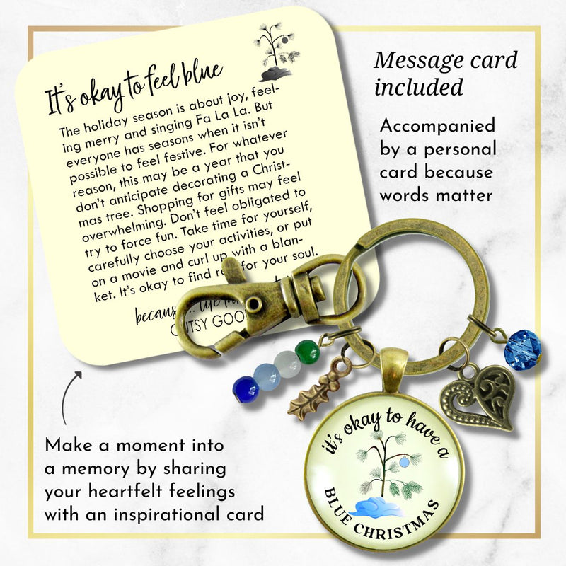 Blue Christmas Tree Keychain Handmade It's Okay Encouragement Gift Sympathy Emotional Support Jewelry   - Gutsy Goodness Handmade Jewelry
