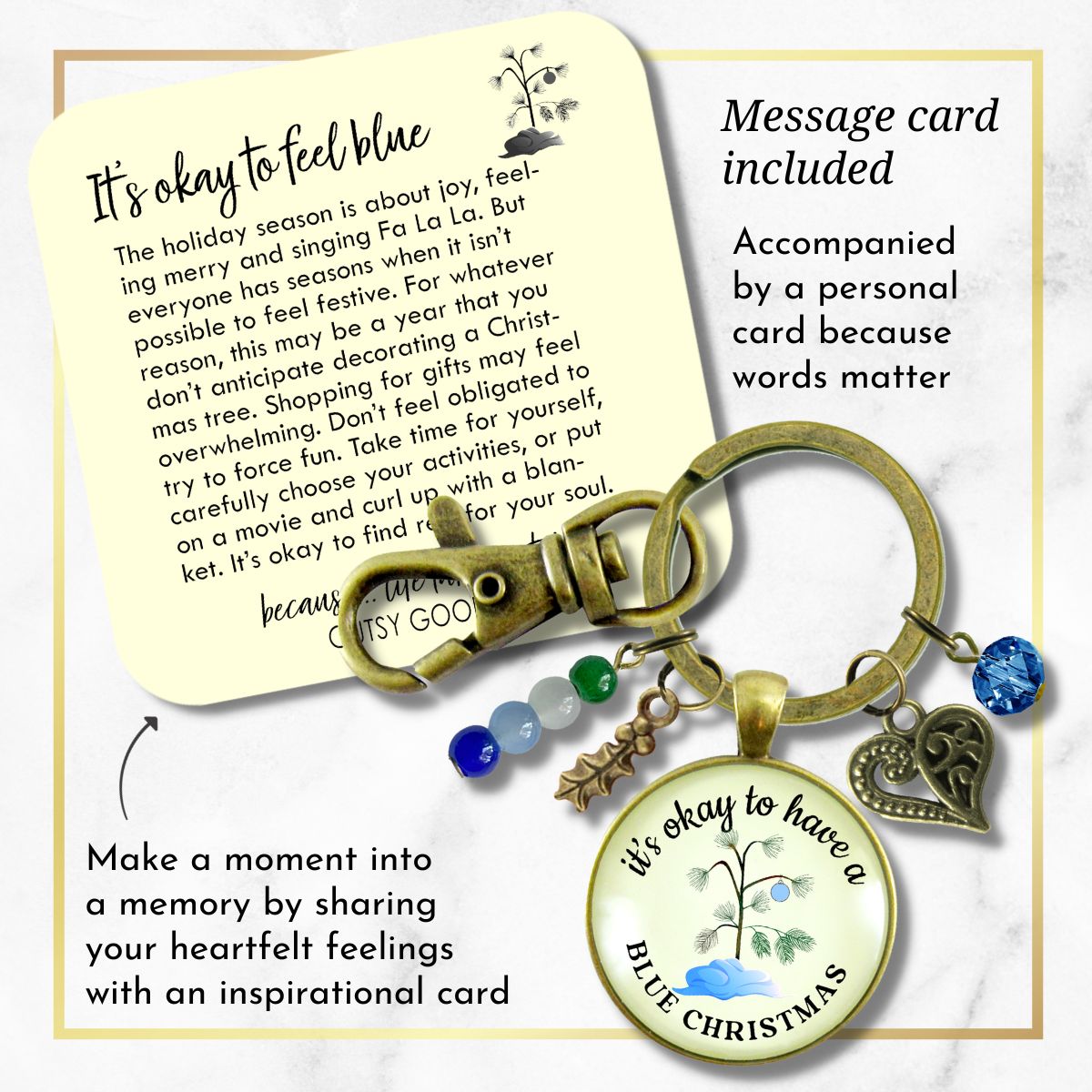 Blue Christmas Tree Keychain Handmade It's Okay Encouragement Gift Sympathy Emotional Support Jewelry