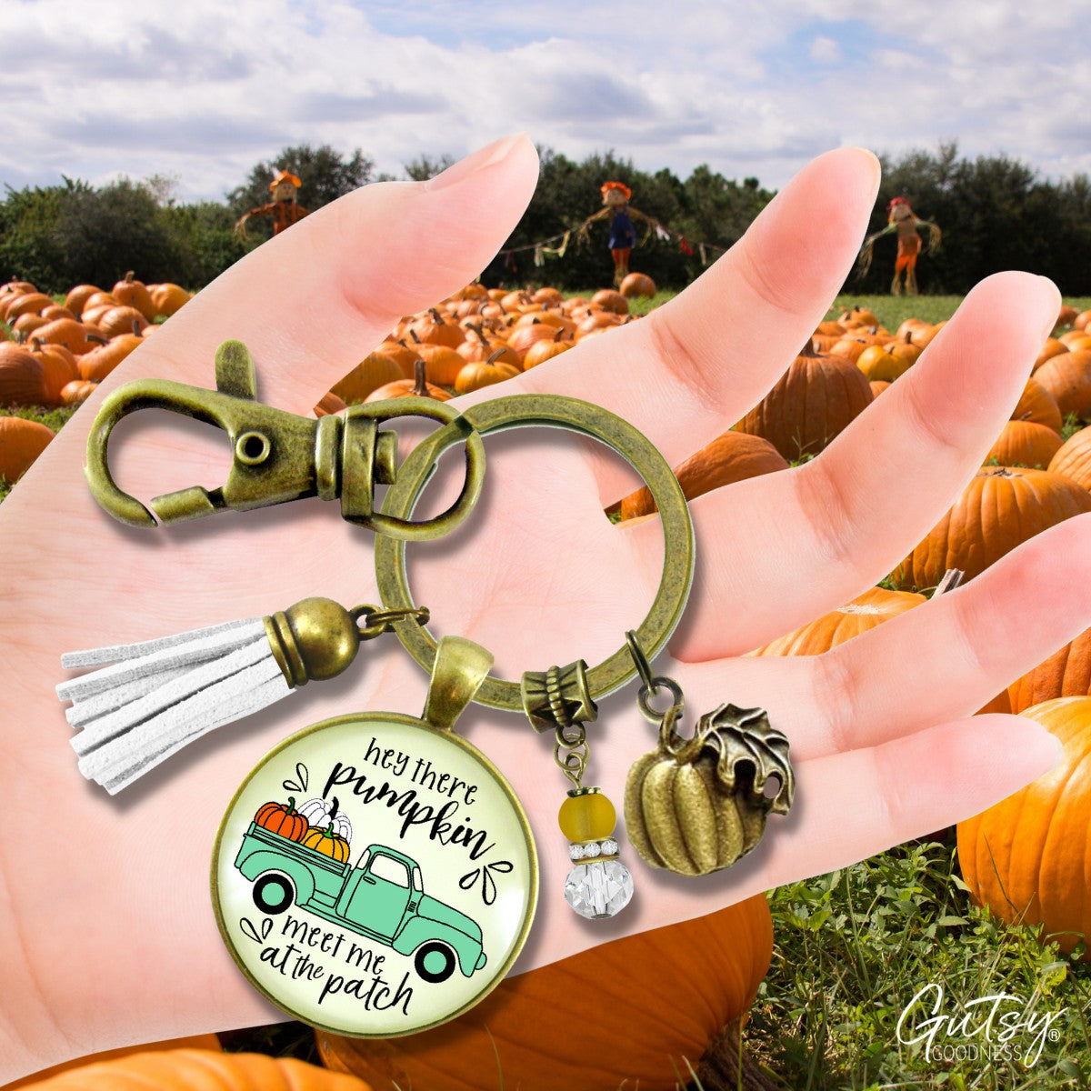 Hey There Pumpkin Keychain Meet Me At The Patch Autumn Theme Jewelry October Truck Pendant For Women  Keychain - Women - Gutsy Goodness Handmade Jewelry