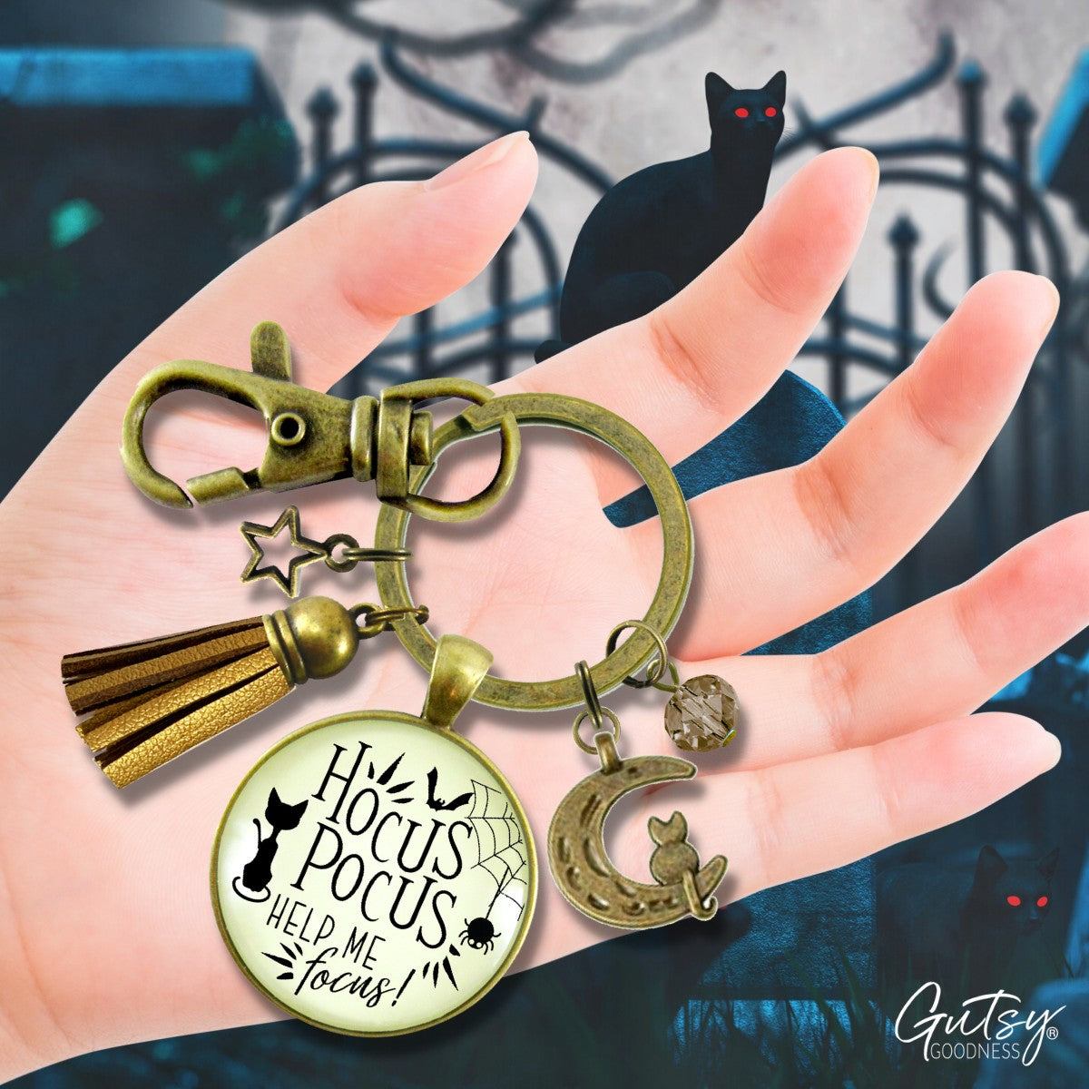 Hocus Pocus Keychain Help Me Focus Funny Halloween Spider Black Cat Jewelry for Women Costume Fashion Book Charm  Keychain - Women - Gutsy Goodness Handmade Jewelry