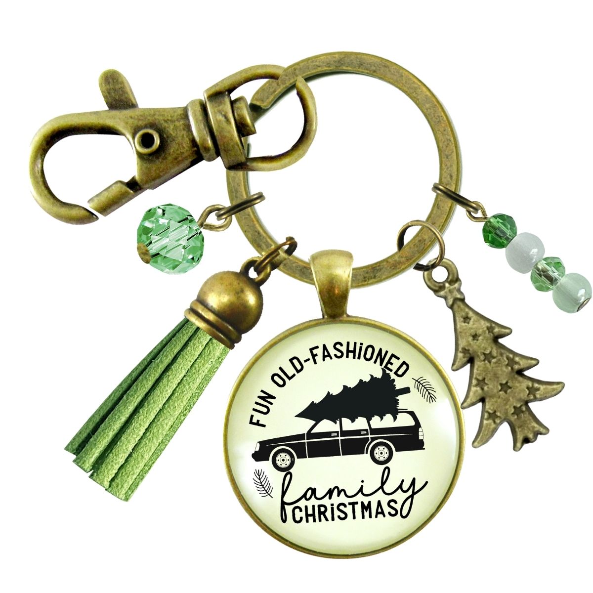 Family Christmas Keychain Fun Old Fashioned Holiday Tree Charm Handmade Car Tree Farm Pendant Green Tassel Key Chain   - Gutsy Goodness Handmade Jewelry
