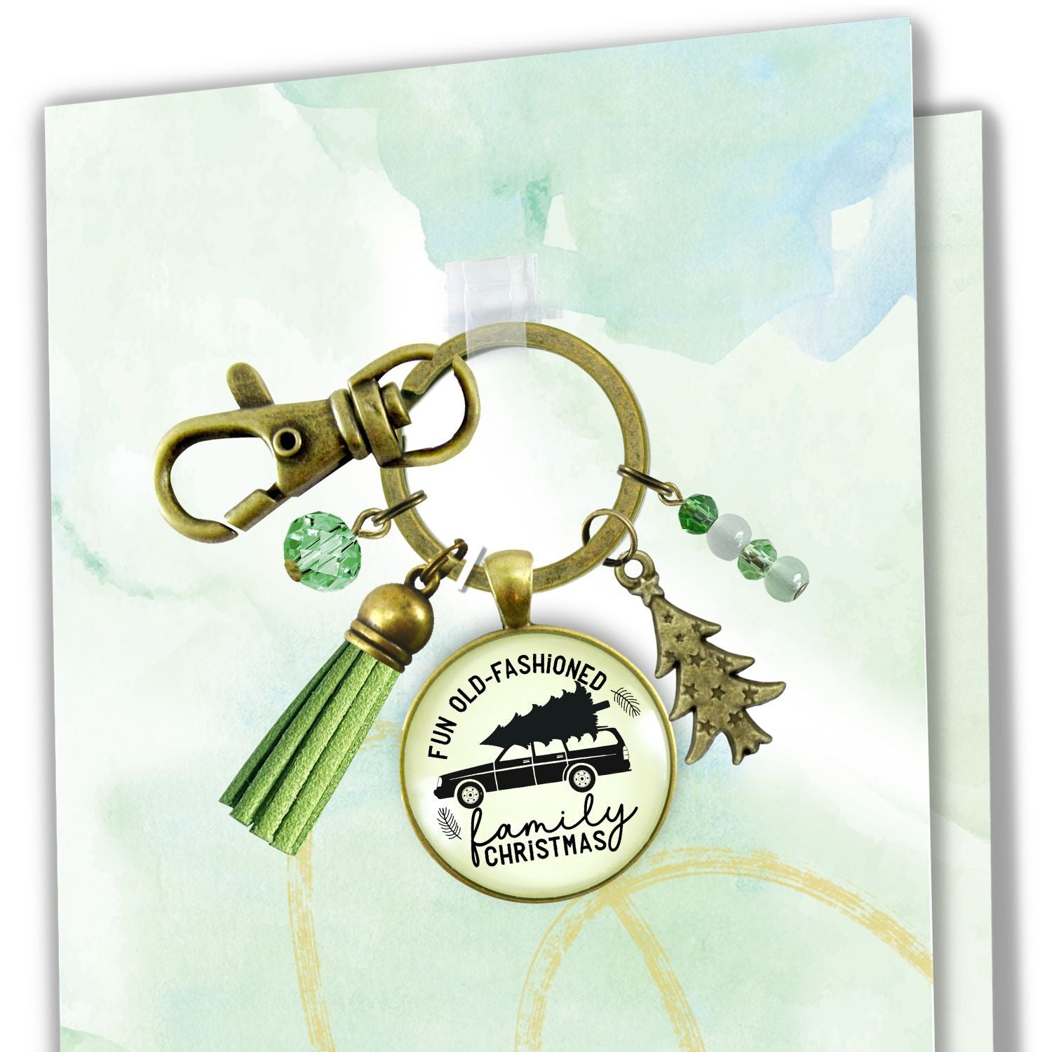Family Christmas Keychain Fun Old Fashioned Holiday Tree Charm Handmade Car Tree Farm Pendant Green Tassel Key Chain