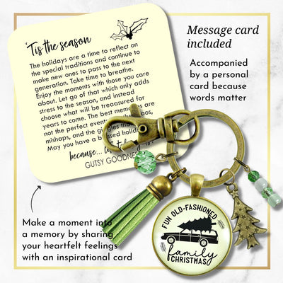Family Christmas Keychain Fun Old Fashioned Holiday Tree Charm Handmade Car Tree Farm Pendant Green Tassel Key Chain   - Gutsy Goodness Handmade Jewelry