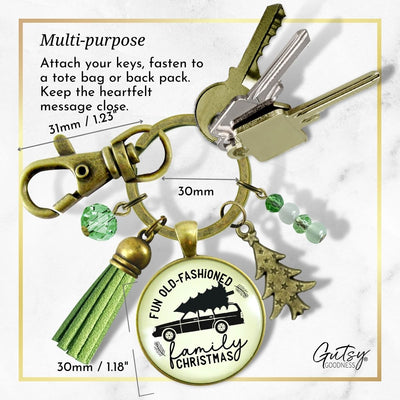 Family Christmas Keychain Fun Old Fashioned Holiday Tree Charm Handmade Car Tree Farm Pendant Green Tassel Key Chain   - Gutsy Goodness Handmade Jewelry