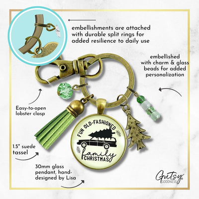 Family Christmas Keychain Fun Old Fashioned Holiday Tree Charm Handmade Car Tree Farm Pendant Green Tassel Key Chain   - Gutsy Goodness Handmade Jewelry