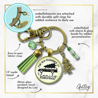 Family Christmas Keychain Fun Old Fashioned Holiday Tree Charm Handmade Car Tree Farm Pendant Green Tassel Key Chain