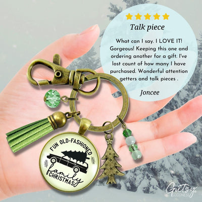 Family Christmas Keychain Fun Old Fashioned Holiday Tree Charm Handmade Car Tree Farm Pendant Green Tassel Key Chain   - Gutsy Goodness Handmade Jewelry