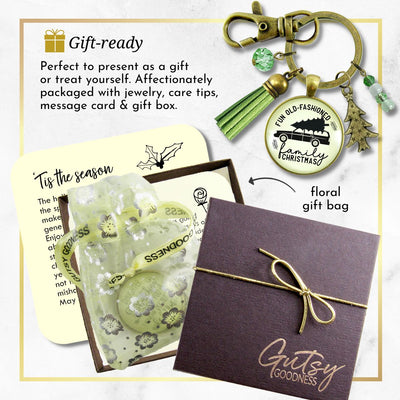 Family Christmas Keychain Fun Old Fashioned Holiday Tree Charm Handmade Car Tree Farm Pendant Green Tassel Key Chain   - Gutsy Goodness Handmade Jewelry