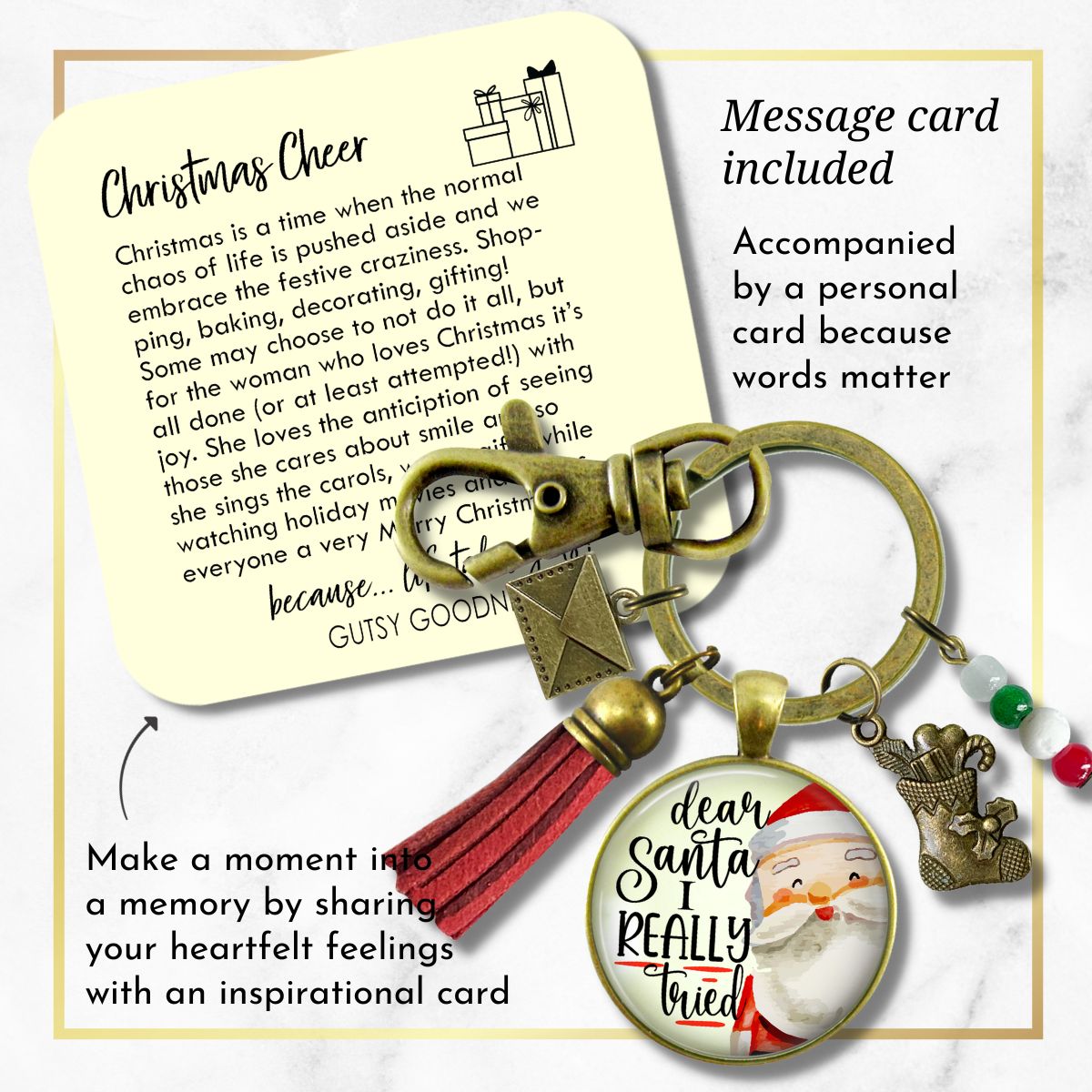 Dear Santa Keychain Funny I Tried Holiday Christmas Pendant Handmade Jewelry Letter Holly Charms   - Gutsy Goodness Handmade Jewelry