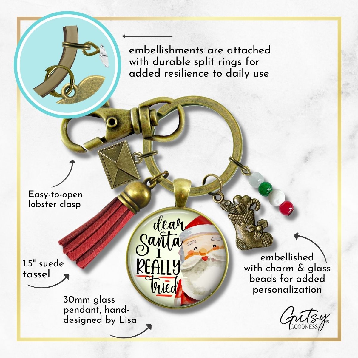 Dear Santa Keychain Funny I Tried Holiday Christmas Pendant Handmade Jewelry Letter Holly Charms   - Gutsy Goodness Handmade Jewelry