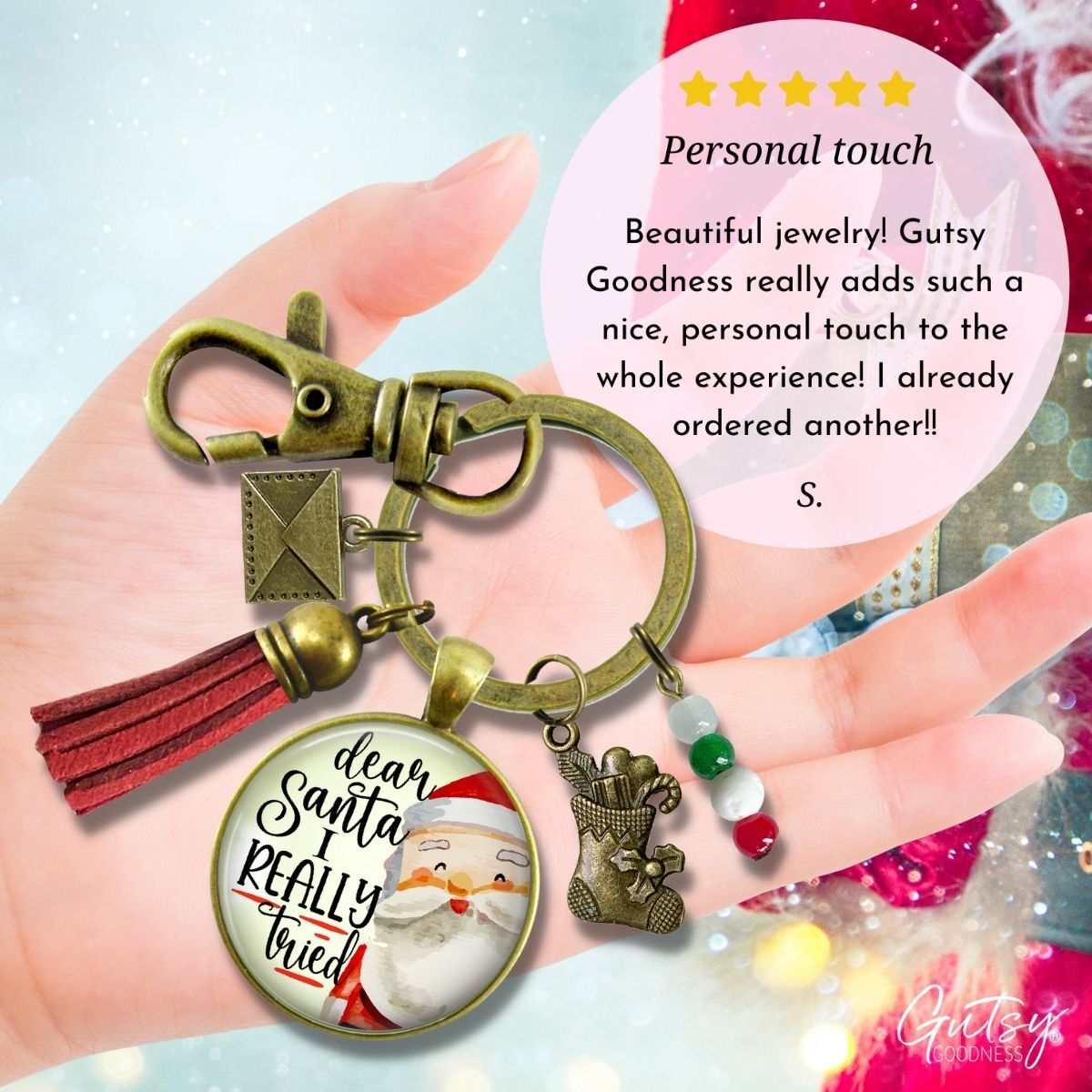 Dear Santa Keychain Funny I Tried Holiday Christmas Pendant Handmade Jewelry Letter Holly Charms