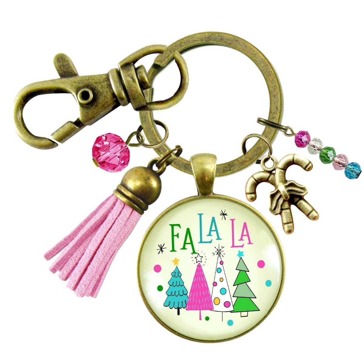 Christmas Candy Cane Charm Keychain Fa La La Pink Holiday Trees Fun Festive Winter Jewelry Tassel Key Chain   - Gutsy Goodness Handmade Jewelry