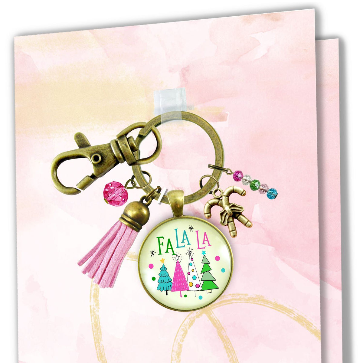 Christmas Candy Cane Charm Keychain Fa La La Pink Holiday Trees Fun Festive Winter Jewelry Tassel Key Chain