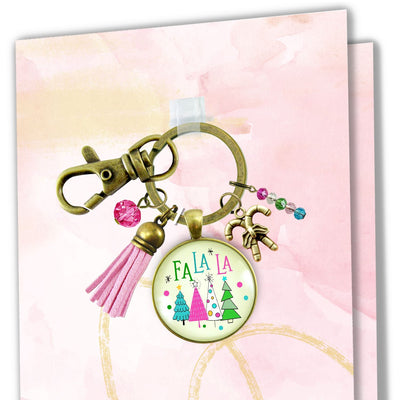 Christmas Candy Cane Charm Keychain Fa La La Pink Holiday Trees Fun Festive Winter Jewelry Tassel Key Chain