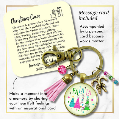 Christmas Candy Cane Charm Keychain Fa La La Pink Holiday Trees Fun Festive Winter Jewelry Tassel Key Chain   - Gutsy Goodness Handmade Jewelry