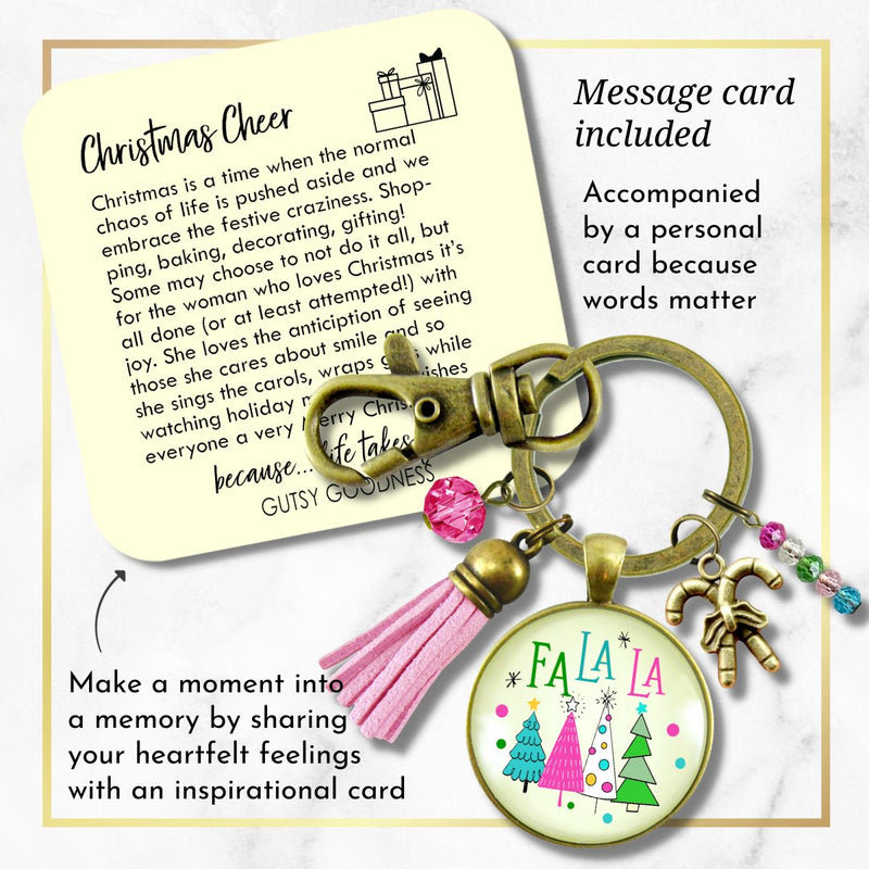 Christmas Candy Cane Charm Keychain Fa La La Pink Holiday Trees Fun Festive Winter Jewelry Tassel Key Chain   - Gutsy Goodness Handmade Jewelry