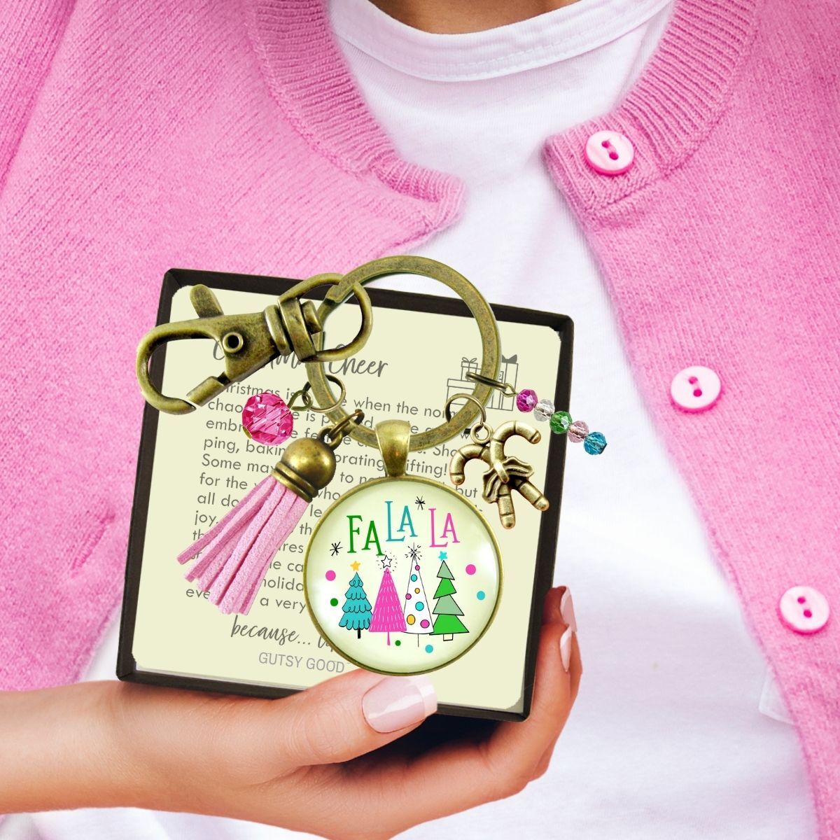 Christmas Candy Cane Charm Keychain Fa La La Pink Holiday Trees Fun Festive Winter Jewelry Tassel Key Chain