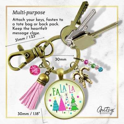 Christmas Candy Cane Charm Keychain Fa La La Pink Holiday Trees Fun Festive Winter Jewelry Tassel Key Chain   - Gutsy Goodness Handmade Jewelry