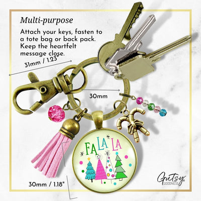 Christmas Candy Cane Charm Keychain Fa La La Pink Holiday Trees Fun Festive Winter Jewelry Tassel Key Chain