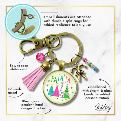 Christmas Candy Cane Charm Keychain Fa La La Pink Holiday Trees Fun Festive Winter Jewelry Tassel Key Chain   - Gutsy Goodness Handmade Jewelry