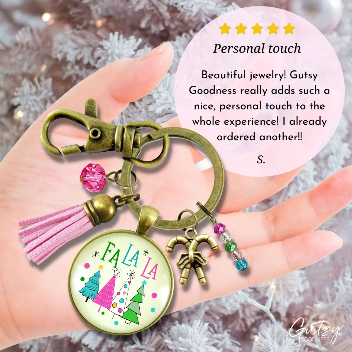 Christmas Candy Cane Charm Keychain Fa La La Pink Holiday Trees Fun Festive Winter Jewelry Tassel Key Chain   - Gutsy Goodness Handmade Jewelry