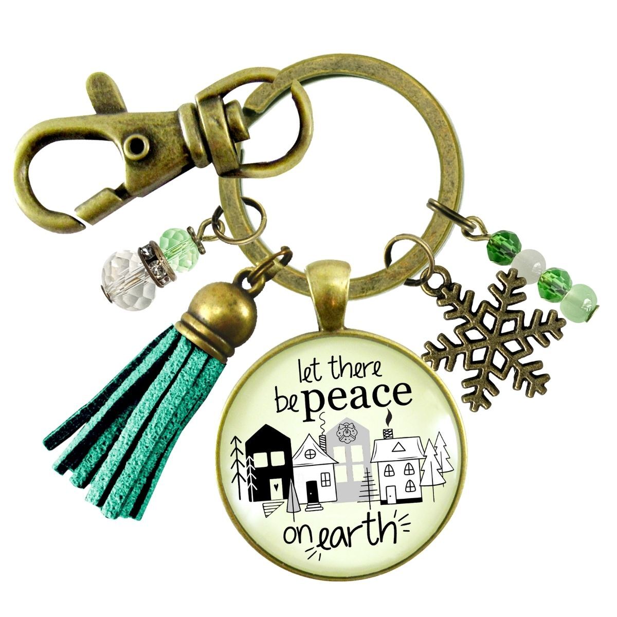Christmas Village Let There Be Peace On Earth Keychain Handmade Winter Holidays Snowflake Charm Tassel Key Chain