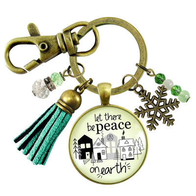 Christmas Village Let There Be Peace On Earth Keychain Handmade Winter Holidays Snowflake Charm Tassel Key Chain   - Gutsy Goodness Handmade Jewelry