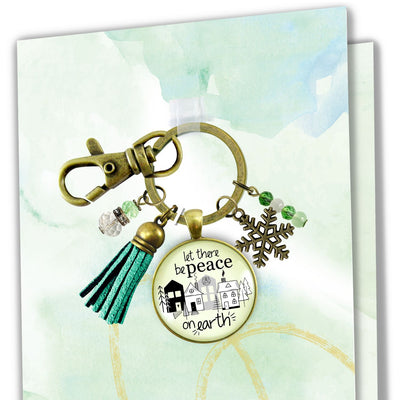 Christmas Village Let There Be Peace On Earth Keychain Handmade Winter Holidays Snowflake Charm Tassel Key Chain