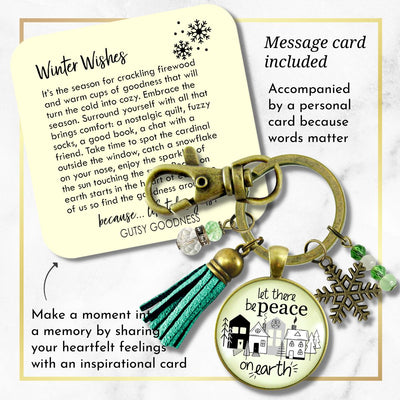 Christmas Village Let There Be Peace On Earth Keychain Handmade Winter Holidays Snowflake Charm Tassel Key Chain   - Gutsy Goodness Handmade Jewelry