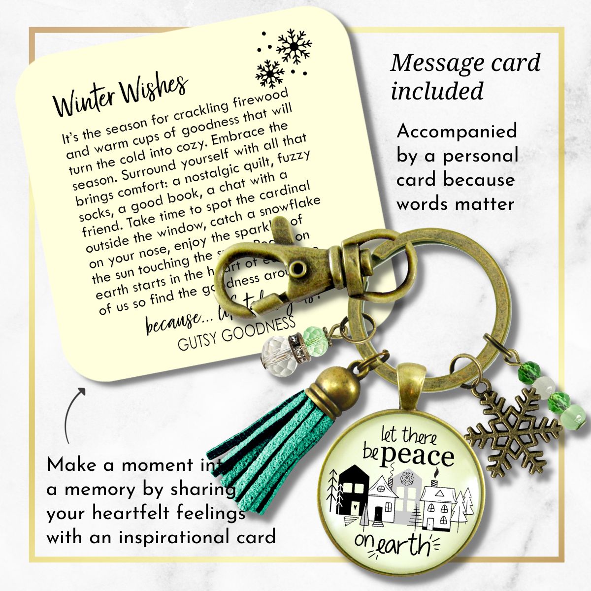 Christmas Village Let There Be Peace On Earth Keychain Handmade Winter Holidays Snowflake Charm Tassel Key Chain