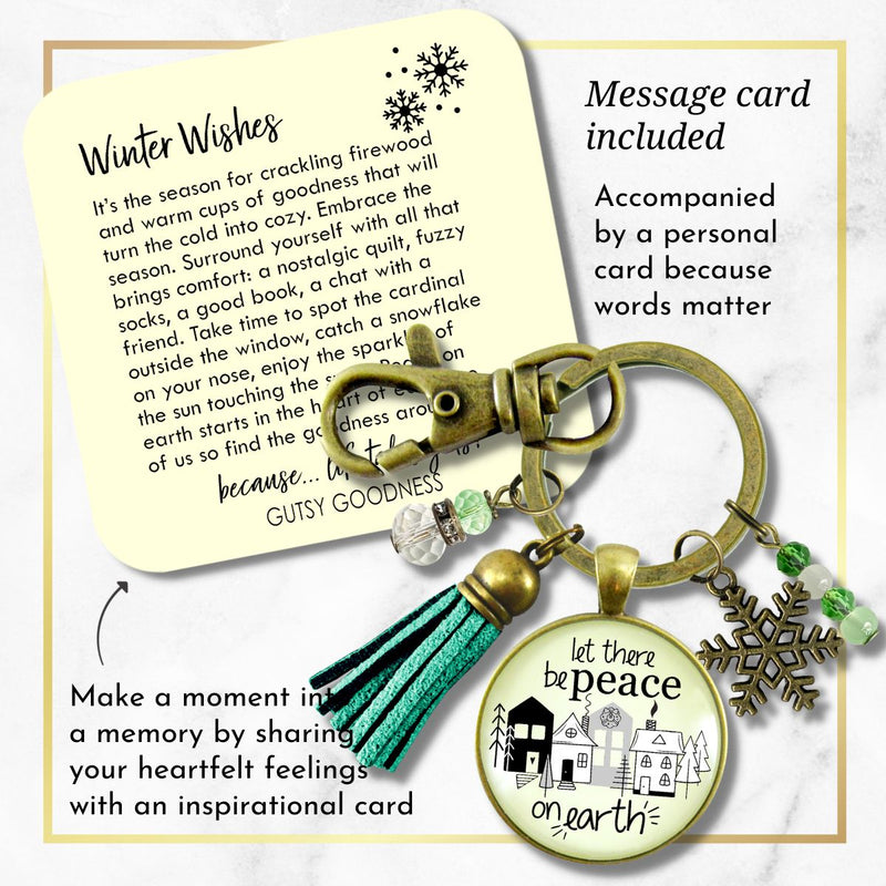 Christmas Village Let There Be Peace On Earth Keychain Handmade Winter Holidays Snowflake Charm Tassel Key Chain