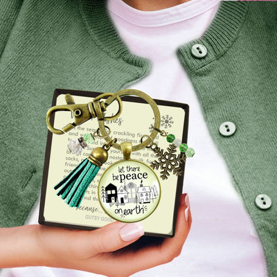 Christmas Village Let There Be Peace On Earth Keychain Handmade Winter Holidays Snowflake Charm Tassel Key Chain   - Gutsy Goodness Handmade Jewelry
