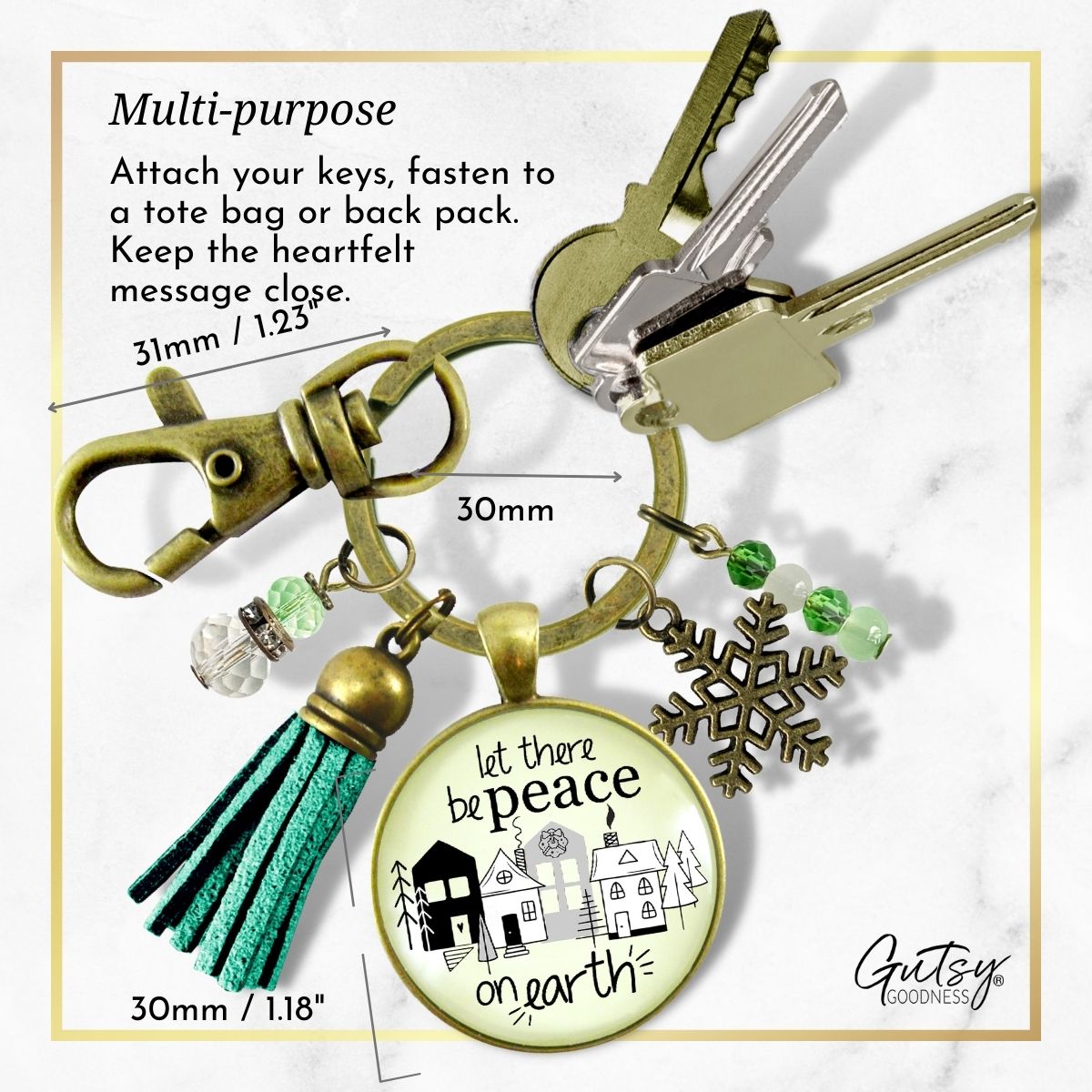 Christmas Village Let There Be Peace On Earth Keychain Handmade Winter Holidays Snowflake Charm Tassel Key Chain   - Gutsy Goodness Handmade Jewelry