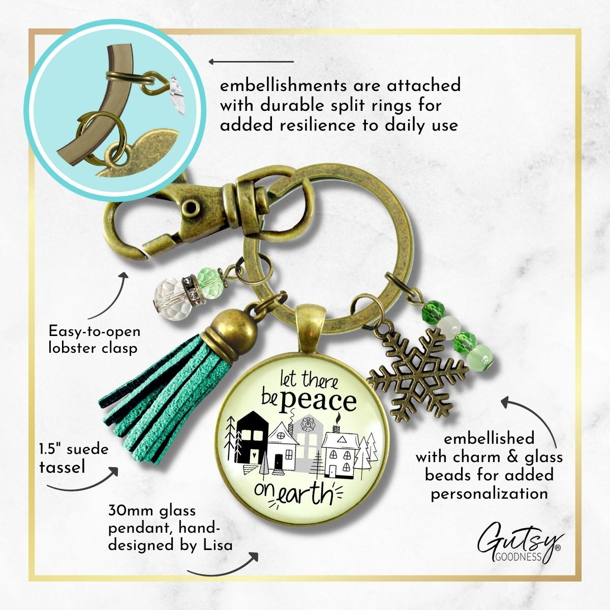 Christmas Village Let There Be Peace On Earth Keychain Handmade Winter Holidays Snowflake Charm Tassel Key Chain