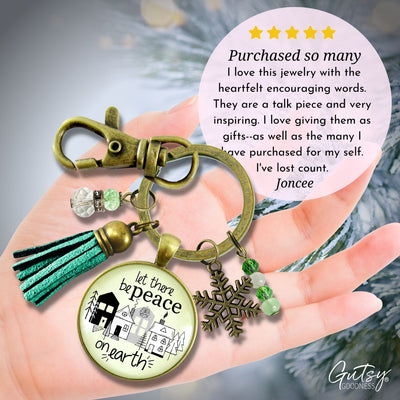 Christmas Village Let There Be Peace On Earth Keychain Handmade Winter Holidays Snowflake Charm Tassel Key Chain   - Gutsy Goodness Handmade Jewelry