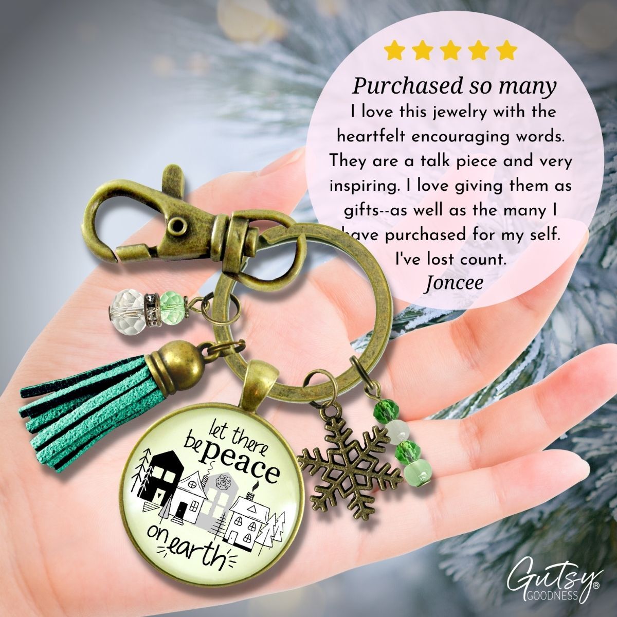 Christmas Village Let There Be Peace On Earth Keychain Handmade Winter Holidays Snowflake Charm Tassel Key Chain
