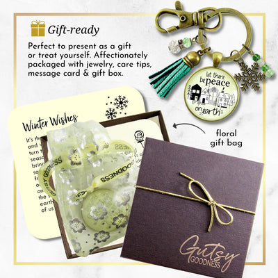 Christmas Village Let There Be Peace On Earth Keychain Handmade Winter Holidays Snowflake Charm Tassel Key Chain   - Gutsy Goodness Handmade Jewelry