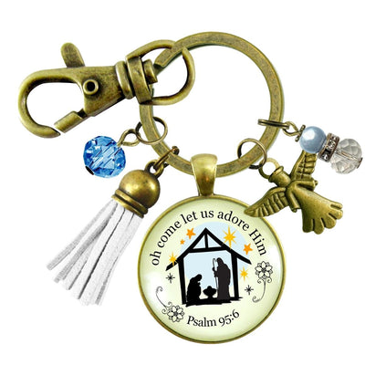Jesus Nativity Christmas Pendant O Come Let Us Adore Him Holiday Keychain Handmade  Faith Religious Jewelry Tassel Key Ring