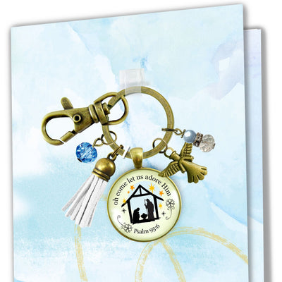 Jesus Nativity Christmas Pendant O Come Let Us Adore Him Holiday Keychain Handmade  Faith Religious Jewelry Tassel Key Ring