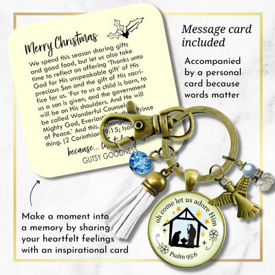 Jesus Nativity Christmas Pendant O Come Let Us Adore Him Holiday Keychain Handmade  Faith Religious Jewelry Tassel Key Ring   - Gutsy Goodness Handmade Jewelry