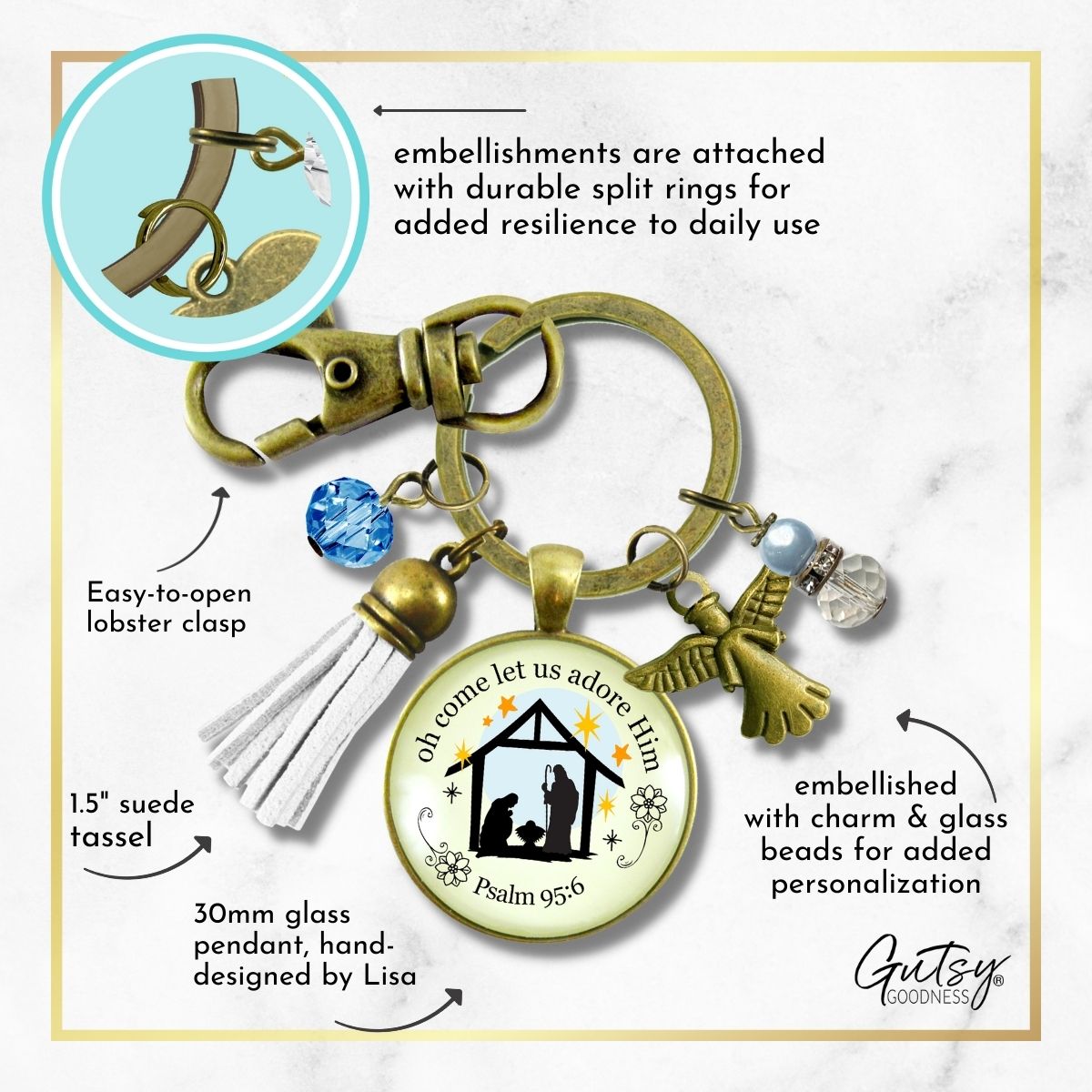 Jesus Nativity Christmas Pendant O Come Let Us Adore Him Holiday Keychain Handmade  Faith Religious Jewelry Tassel Key Ring   - Gutsy Goodness Handmade Jewelry