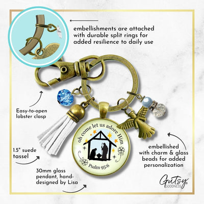 Jesus Nativity Christmas Pendant O Come Let Us Adore Him Holiday Keychain Handmade  Faith Religious Jewelry Tassel Key Ring