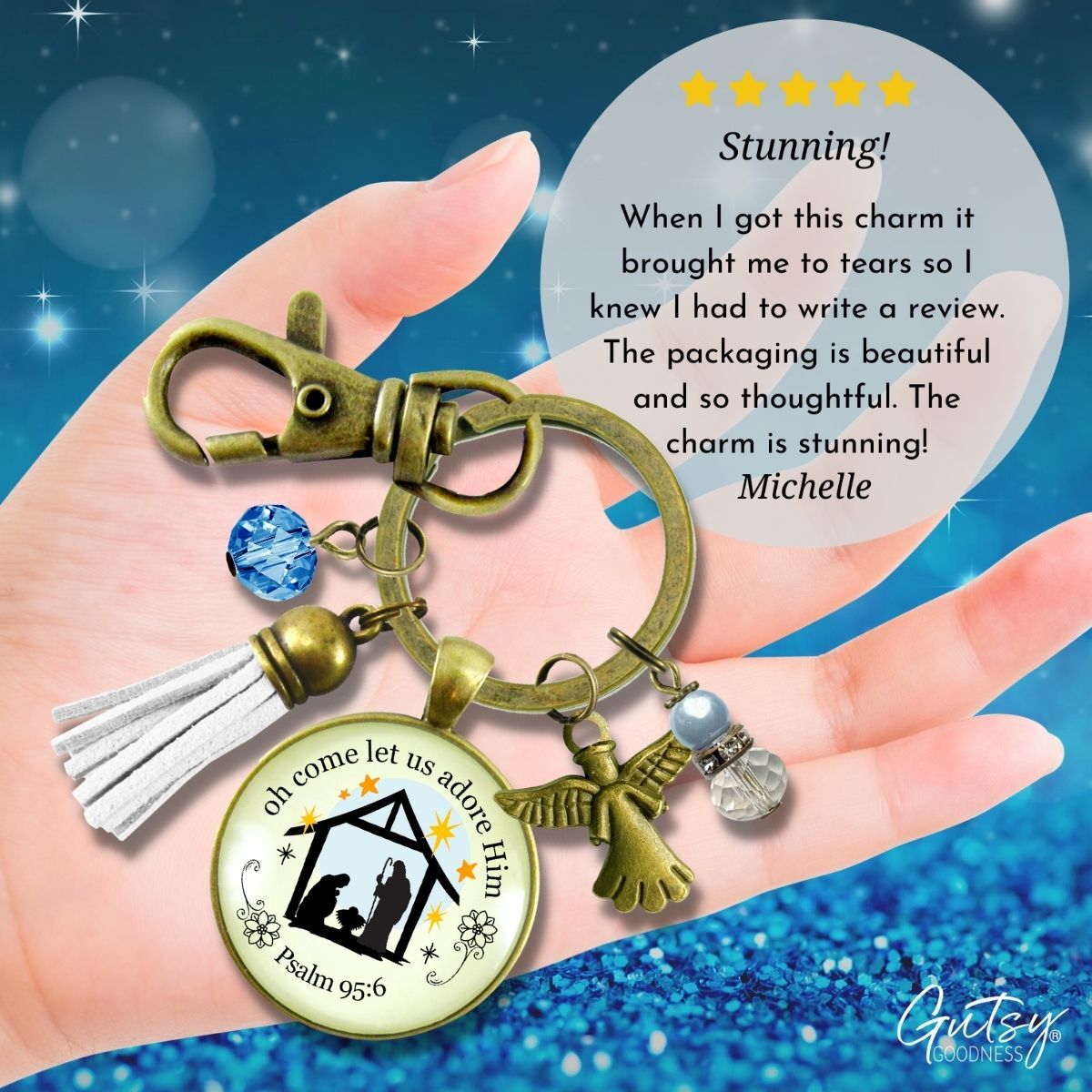 Jesus Nativity Christmas Pendant O Come Let Us Adore Him Holiday Keychain Handmade  Faith Religious Jewelry Tassel Key Ring